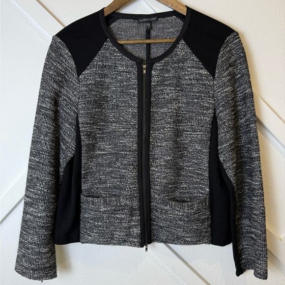 Eileen Fisher Black Tweed Zip Up Jacket With Ponte Knit Side Panels Size XL - Picture 2 of 14